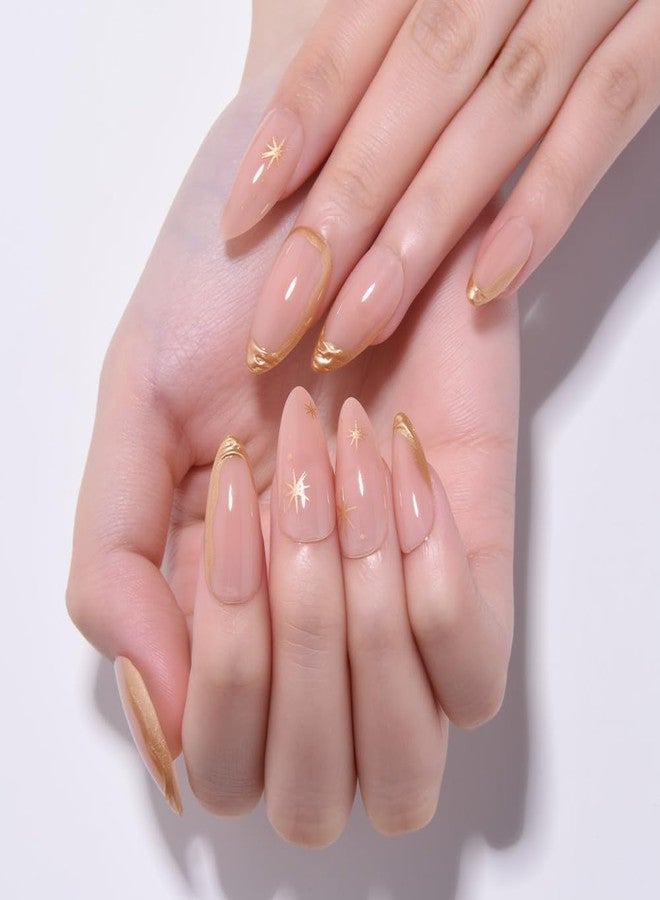 evpct Gold French Tip Press on Nails Almond Medium, Nude Pink + Gold Line Tips, Stick on Nails Medium Almond for Women, Full Cover Perfectly Fit Handmade Soft Gel Artificial Fake False Nail Kit - Image 2